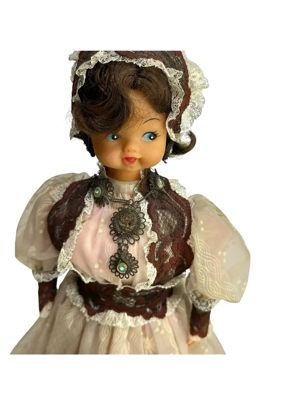 Vintage Victorian Style Souvenir Doll Lace Dress Metal Hoop Skirt 16”